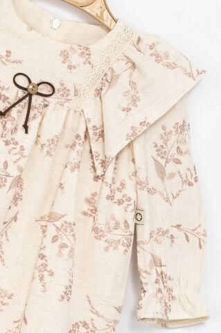 Kız Çocuk Bej Dantel Detaylı Fırfır Yaka Çiçek Desenli Elbise