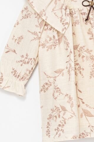 Kız Çocuk Bej Dantel Detaylı Fırfır Yaka Çiçek Desenli Elbise