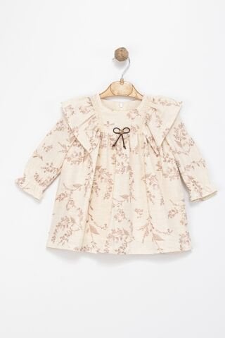 Kız Çocuk Bej Dantel Detaylı Fırfır Yaka Çiçek Desenli Elbise