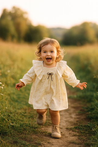 Kız Çocuk Bej Fırfırlı Yaka Dantel Detaylı Elbise