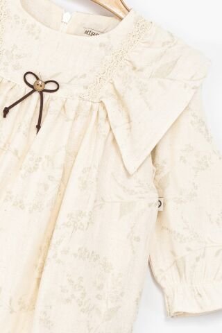 Kız Çocuk Bej Fırfırlı Yaka Dantel Detaylı Elbise