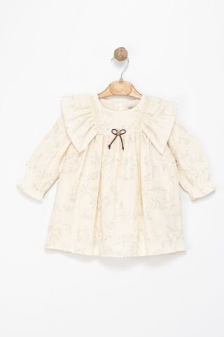 Kız Çocuk Bej Fırfırlı Yaka Dantel Detaylı Elbise