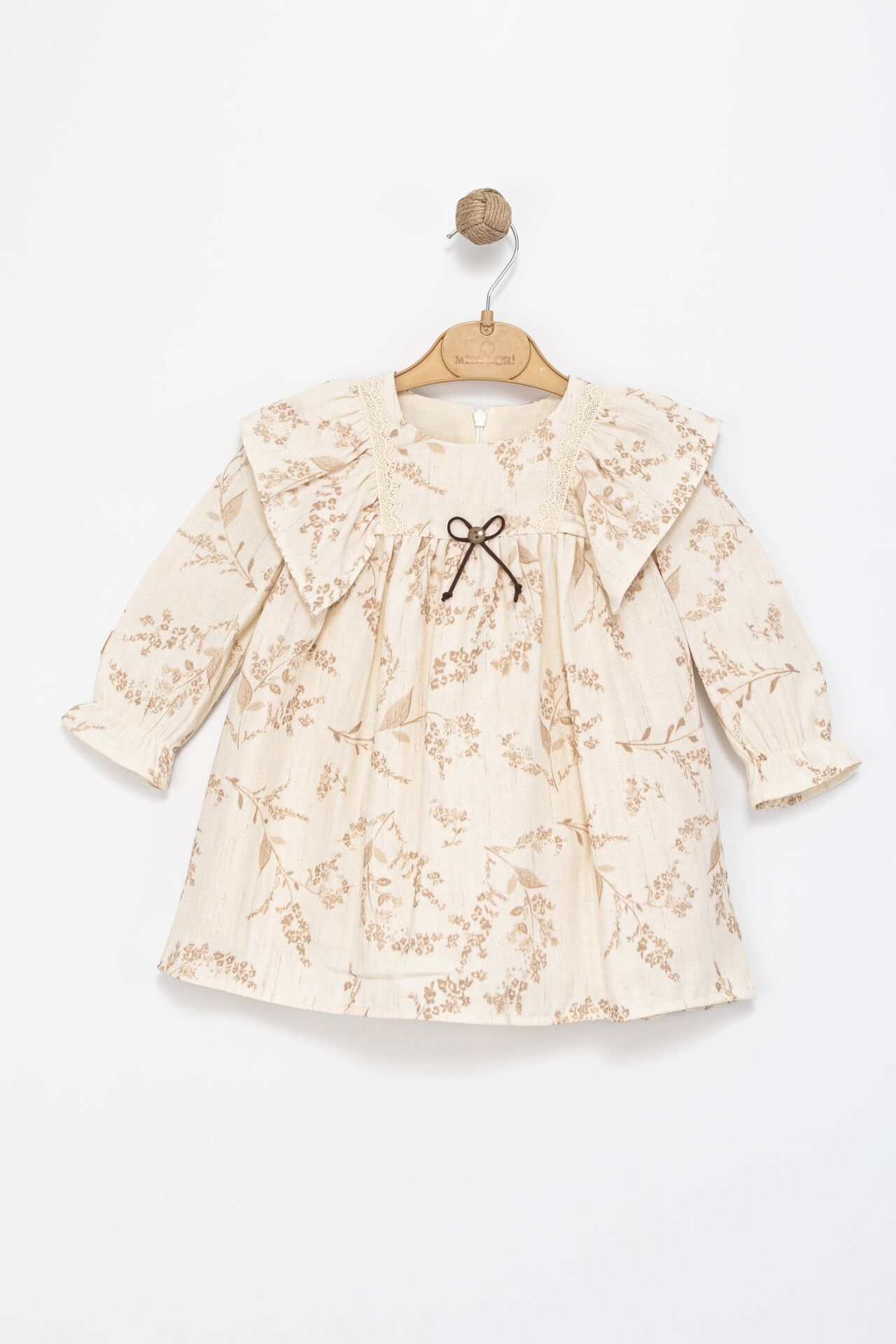 Kız Çocuk Bej Fırfır Yaka Fiyonk Detaylı Dantel Elbise