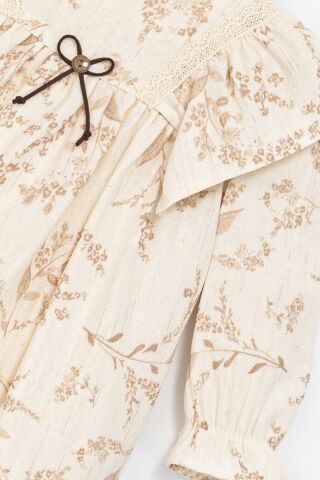 Kız Çocuk Bej Fırfır Yaka Fiyonk Detaylı Dantel Elbise