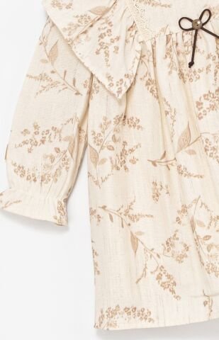 Kız Çocuk Bej Fırfır Yaka Fiyonk Detaylı Dantel Elbise