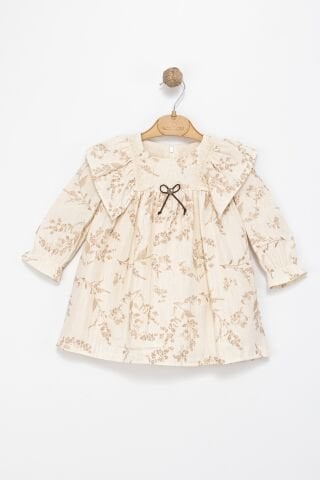 Kız Çocuk Bej Fırfır Yaka Fiyonk Detaylı Dantel Elbise