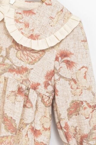 Kız Bebek Fırfır Detaylı Çiçek Desenli Uzun Kollu Elbise – Bej