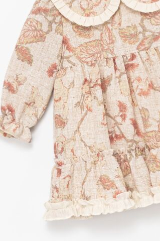 Kız Bebek Fırfır Detaylı Çiçek Desenli Uzun Kollu Elbise – Bej