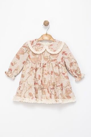 Kız Bebek Fırfır Detaylı Çiçek Desenli Uzun Kollu Elbise – Bej