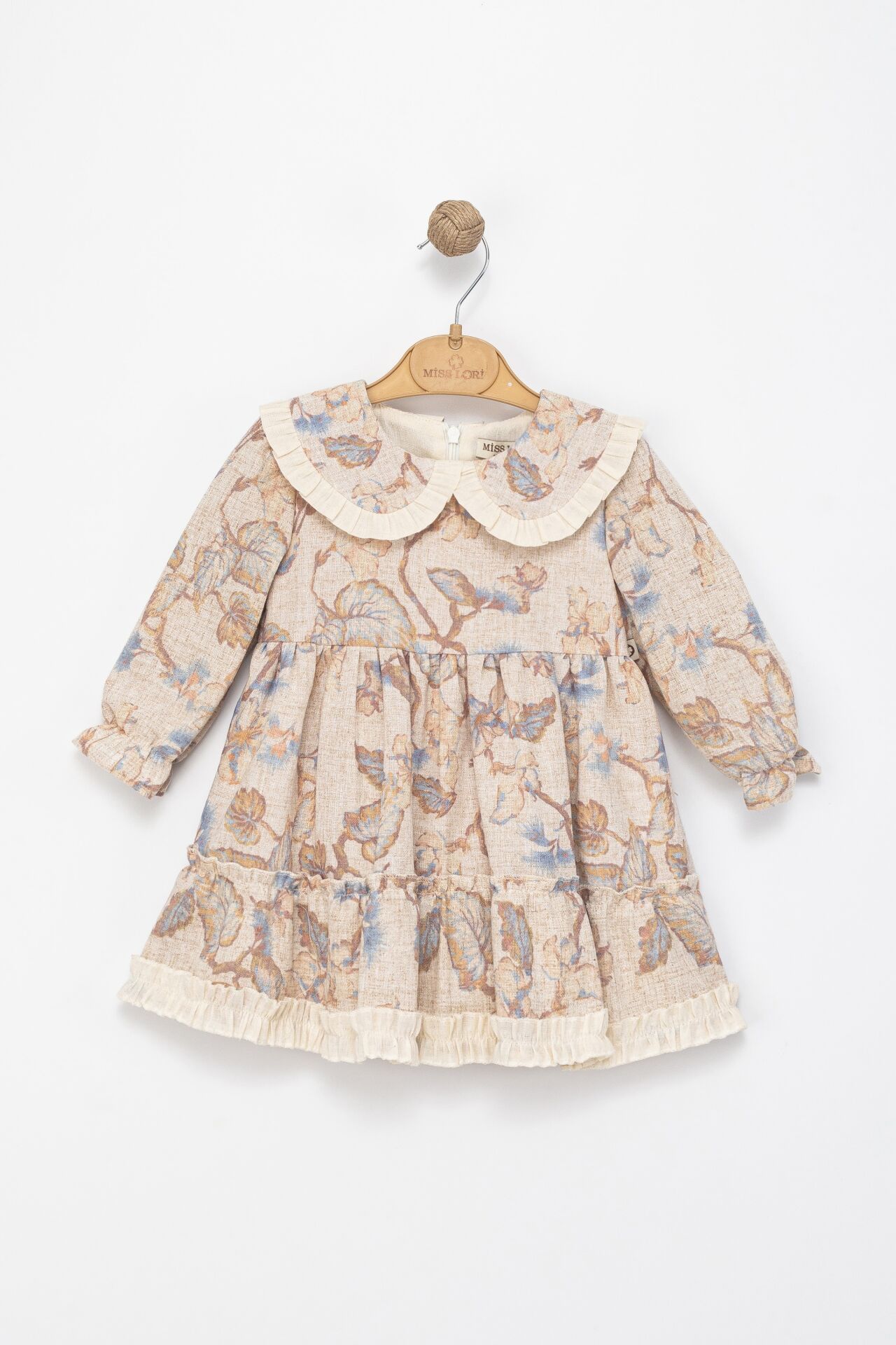 Kız Çocuk Bej-Mavi Çiçek Desenli Fırfır Yakalı Kat Etekli Elbise