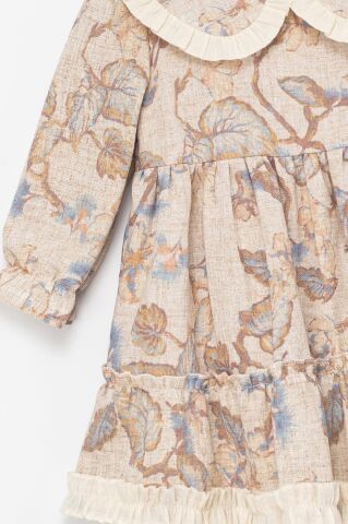 Kız Çocuk Bej-Mavi Çiçek Desenli Fırfır Yakalı Kat Etekli Elbise