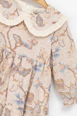 Kız Çocuk Bej-Mavi Çiçek Desenli Fırfır Yakalı Kat Etekli Elbise