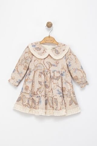 Kız Çocuk Bej-Mavi Çiçek Desenli Fırfır Yakalı Kat Etekli Elbise