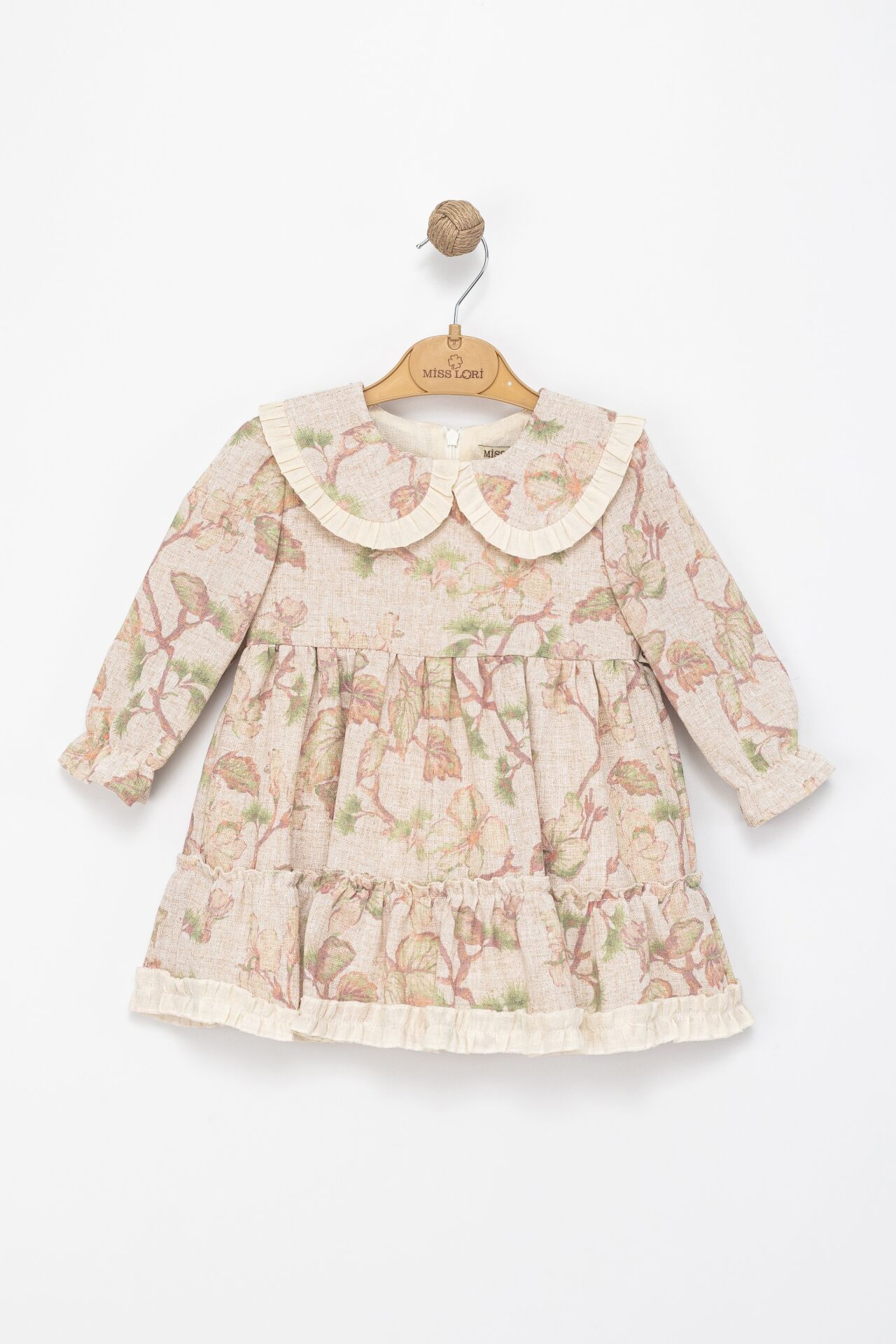 Kız Çocuk Bej Yeşil Çiçek Desenli Fırfırlı Kat Etekli Elbise