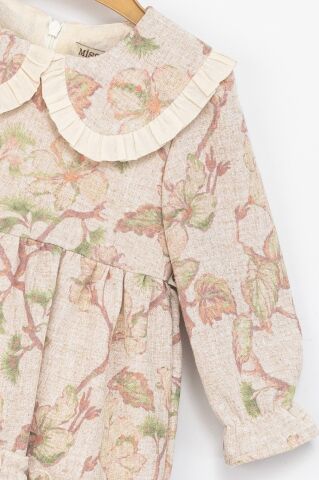 Kız Çocuk Bej Yeşil Çiçek Desenli Fırfırlı Kat Etekli Elbise