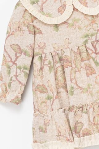 Kız Çocuk Bej Yeşil Çiçek Desenli Fırfırlı Kat Etekli Elbise