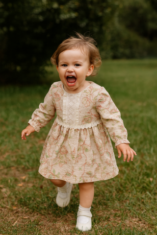 Kız Çocuk Bej Dantel Detaylı Çiçek Desenli Elbise