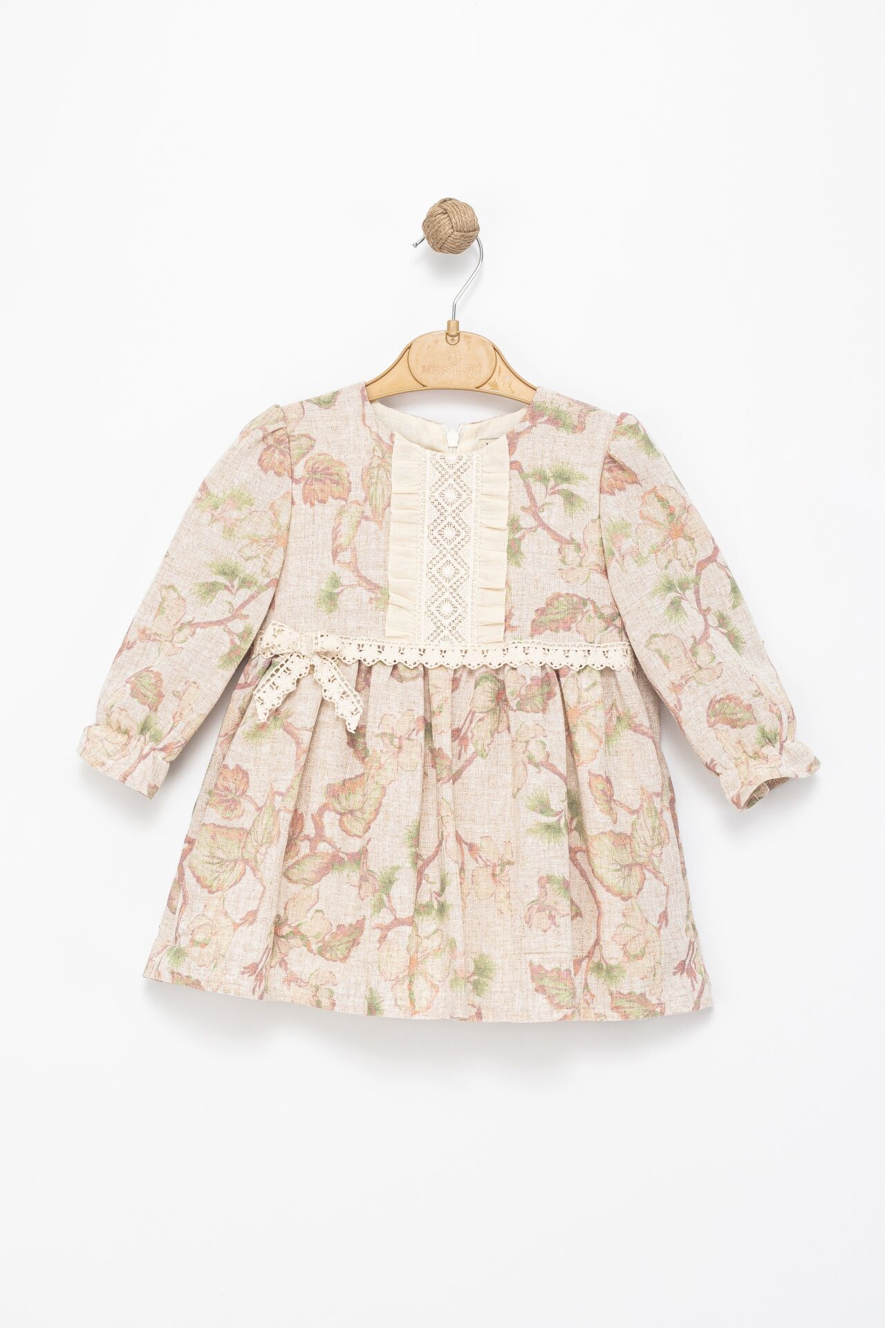 Kız Çocuk Bej Dantel Detaylı Çiçek Desenli Elbise