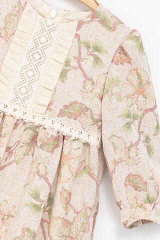 Kız Çocuk Bej Dantel Detaylı Çiçek Desenli Elbise