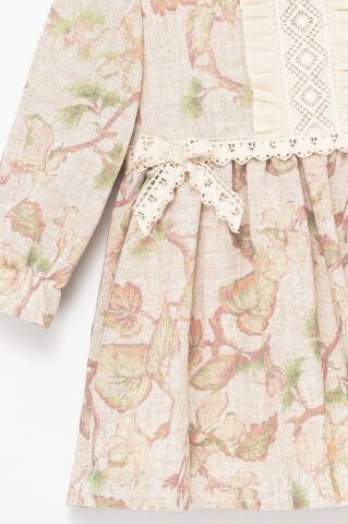 Kız Çocuk Bej Dantel Detaylı Çiçek Desenli Elbise