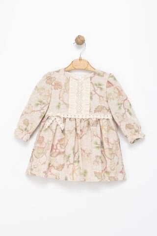 Kız Çocuk Bej Dantel Detaylı Çiçek Desenli Elbise