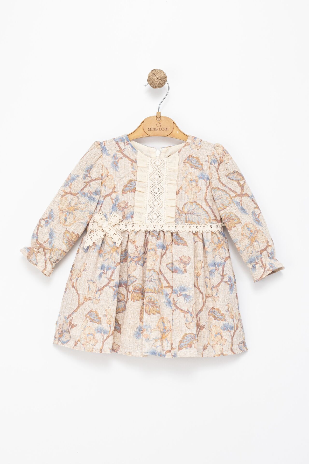 Kız Çocuk Mavi Çiçek Desenli Dantel Detaylı Elbise