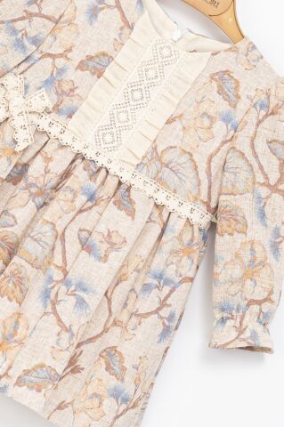 Kız Çocuk Mavi Çiçek Desenli Dantel Detaylı Elbise