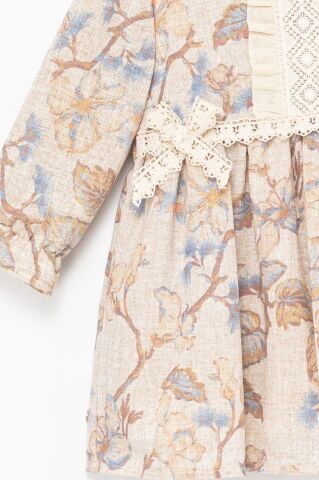 Kız Çocuk Mavi Çiçek Desenli Dantel Detaylı Elbise