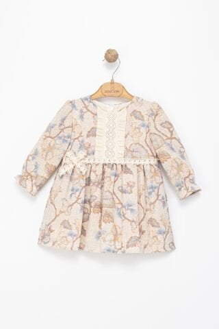 Kız Çocuk Mavi Çiçek Desenli Dantel Detaylı Elbise