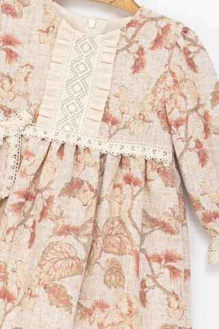Kız Çocuk Bej Çiçek Desenli Dantel Fiyonklu Elbise