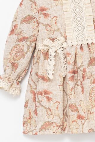 Kız Çocuk Bej Çiçek Desenli Dantel Fiyonklu Elbise