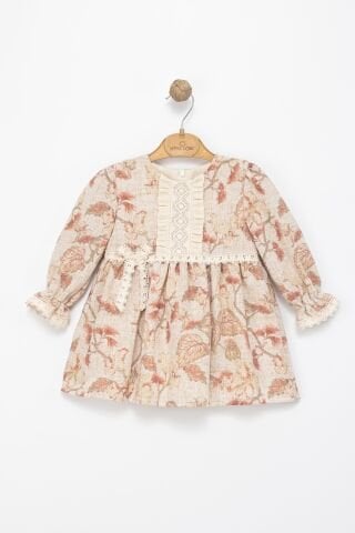 Kız Çocuk Bej Çiçek Desenli Dantel Fiyonklu Elbise