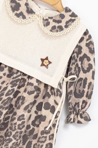 Kız Çocuk Leopar Desenli Örgü Yelek Detaylı Elbise