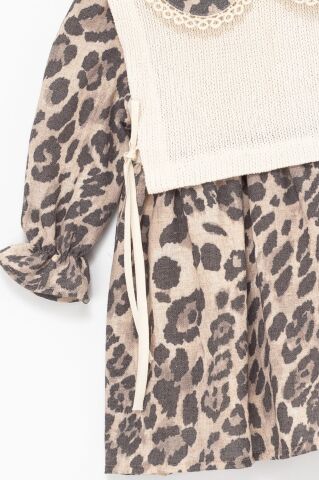 Kız Çocuk Leopar Desenli Örgü Yelek Detaylı Elbise