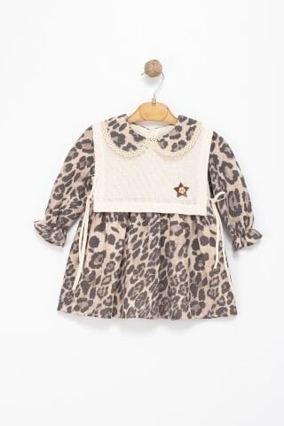 Kız Çocuk Leopar Desenli Örgü Yelek Detaylı Elbise