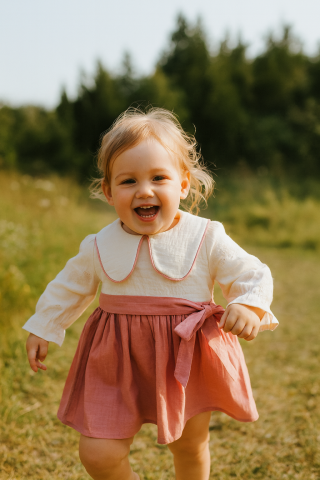 Kız Çocuk Pudra Kemerli Peter Pan Yaka Dokuma Elbise