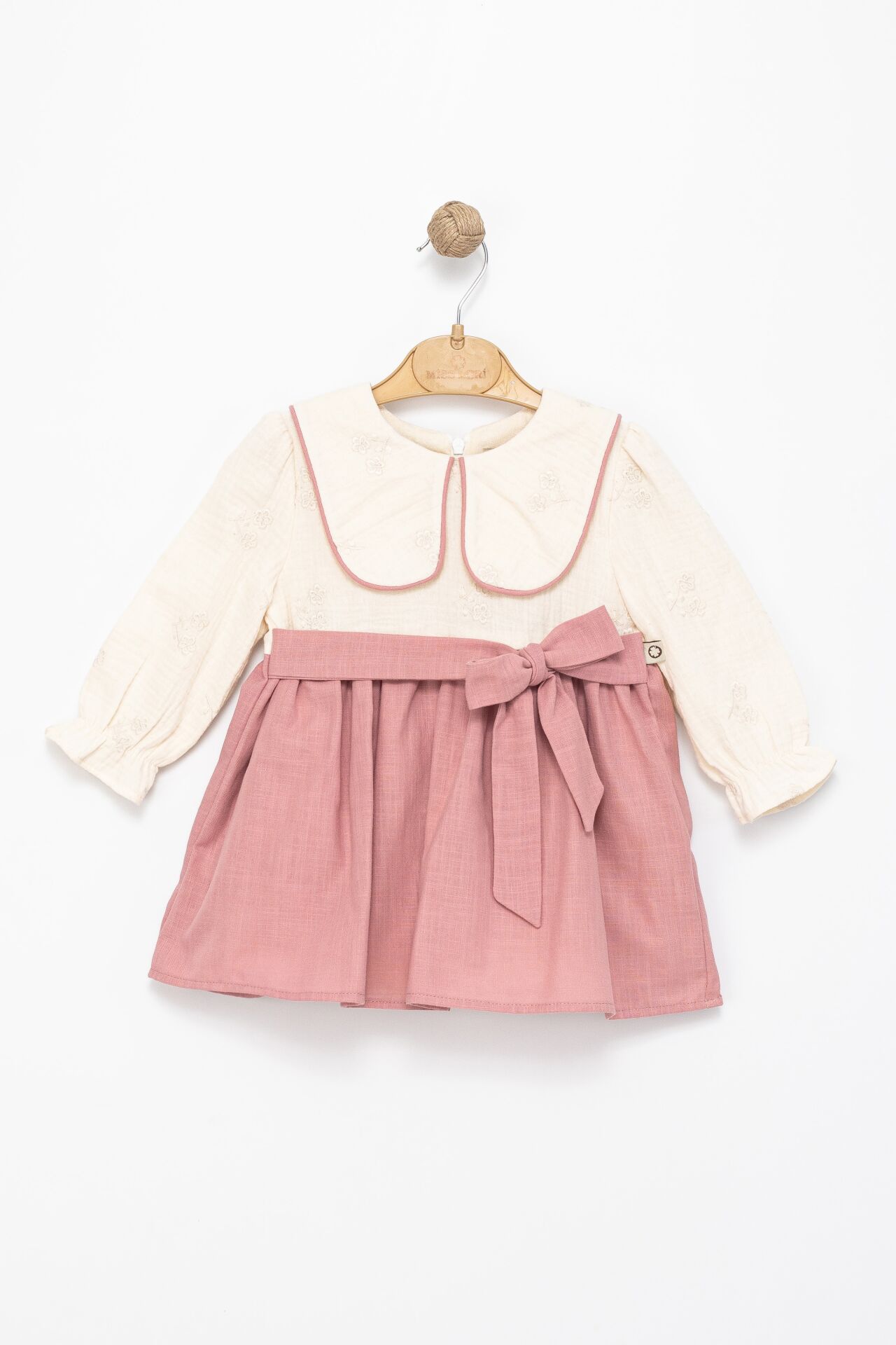 Kız Çocuk Pudra Kemerli Peter Pan Yaka Dokuma Elbise