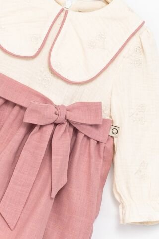 Kız Çocuk Pudra Kemerli Peter Pan Yaka Dokuma Elbise