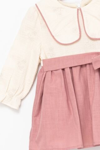 Kız Çocuk Pudra Kemerli Peter Pan Yaka Dokuma Elbise