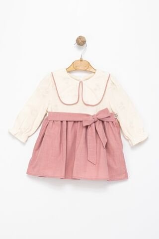 Kız Çocuk Pudra Kemerli Peter Pan Yaka Dokuma Elbise
