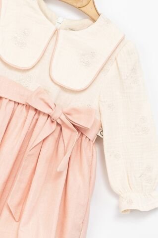 Kız Çocuk Somon Fiyonklu Dokuma Elbise