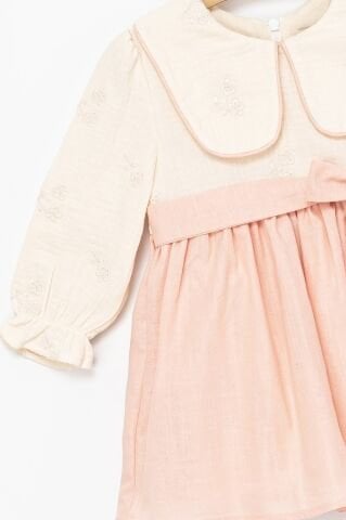 Kız Çocuk Somon Fiyonklu Dokuma Elbise