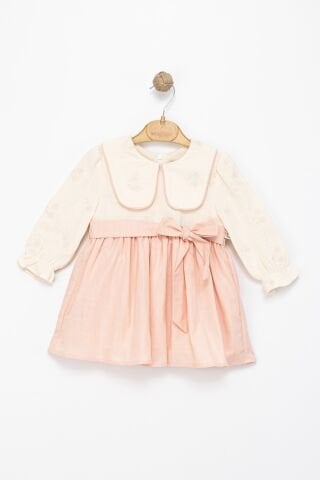 Kız Çocuk Somon Fiyonklu Dokuma Elbise