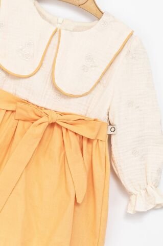 Kız Çocuk Sarı Fiyonklu Dokuma Elbise