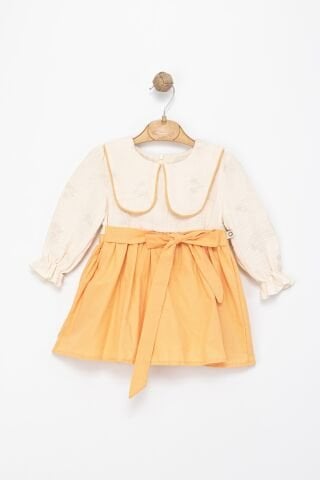 Kız Çocuk Sarı Fiyonklu Dokuma Elbise