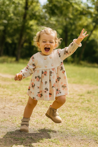 Kız Çocuk Puantiyeli Çiçek Desenli Dokuma Elbise – Krem / Pembe