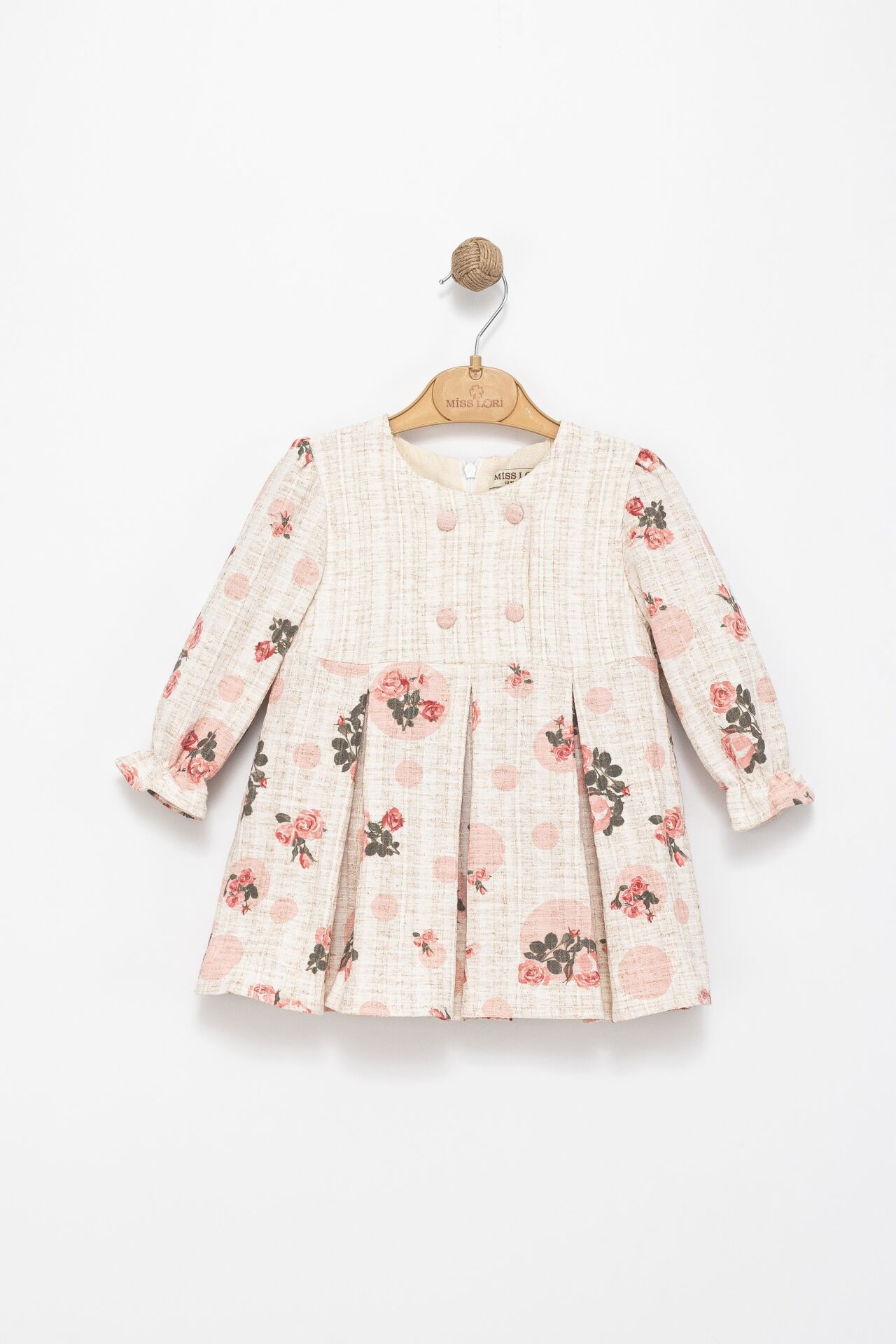 Kız Çocuk Puantiyeli Çiçek Desenli Dokuma Elbise – Krem / Pembe