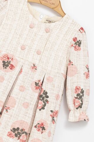 Kız Çocuk Puantiyeli Çiçek Desenli Dokuma Elbise – Krem / Pembe