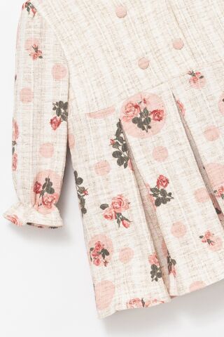 Kız Çocuk Puantiyeli Çiçek Desenli Dokuma Elbise – Krem / Pembe
