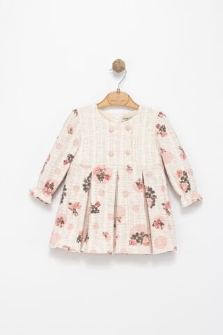 Kız Çocuk Puantiyeli Çiçek Desenli Dokuma Elbise – Krem / Pembe